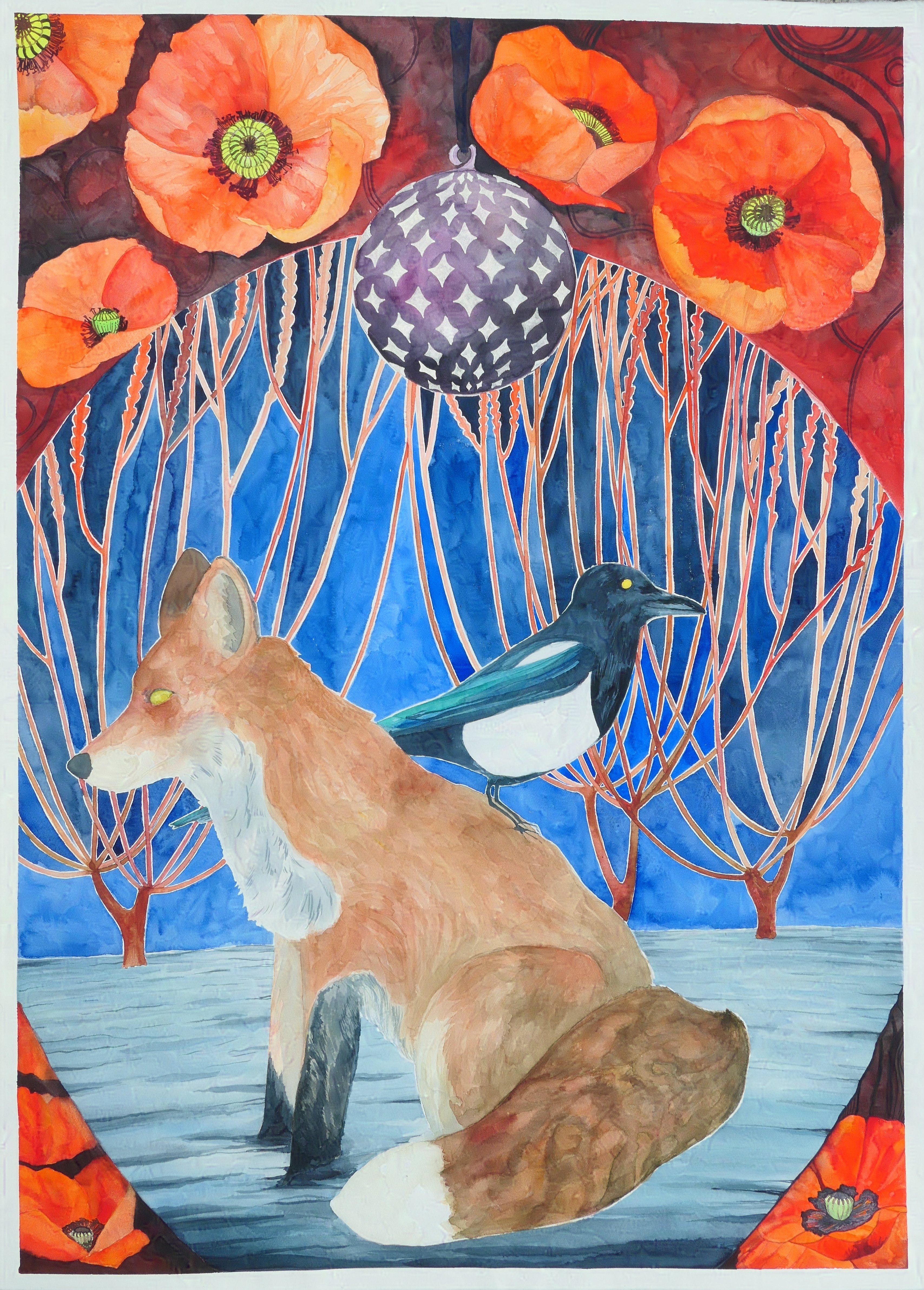 a red fox and a magpie with reeds and poppies in watercolor