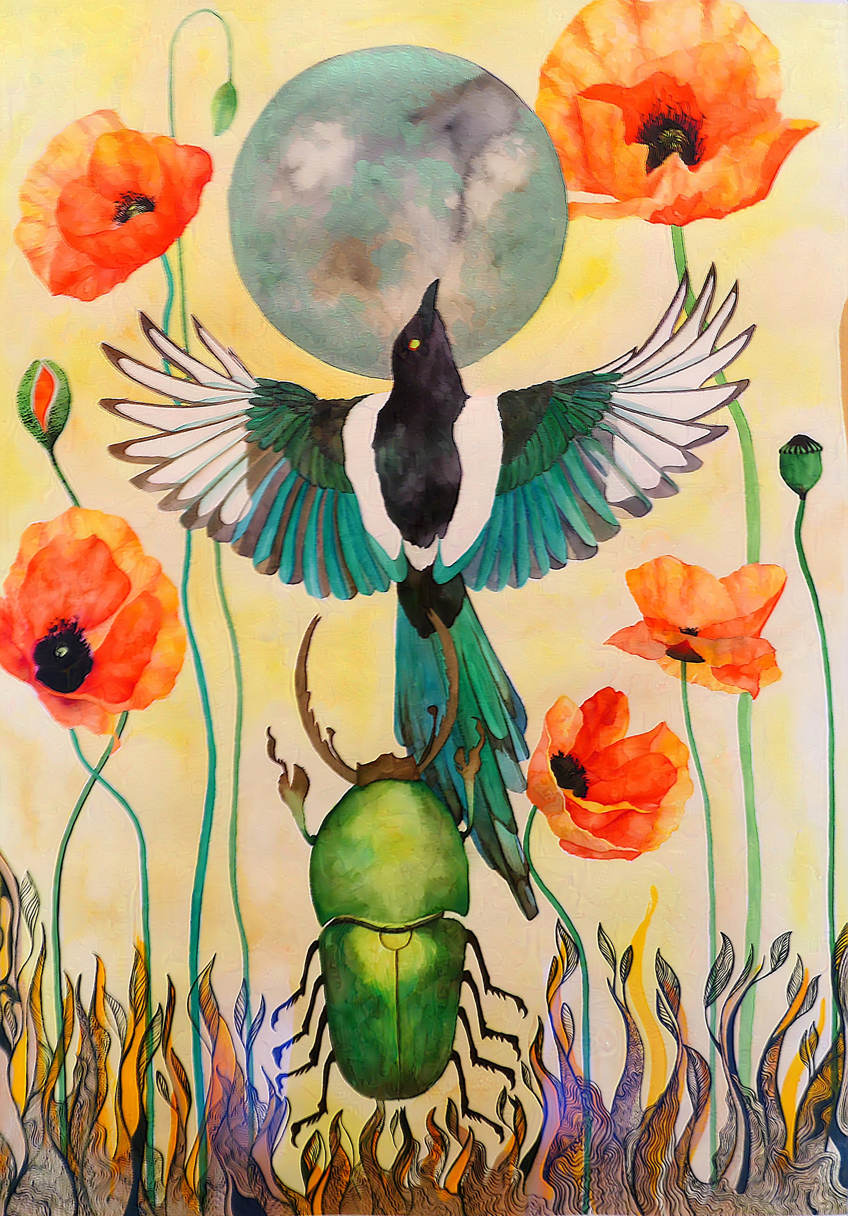 a green stag beetle with poppies and a flying magpie